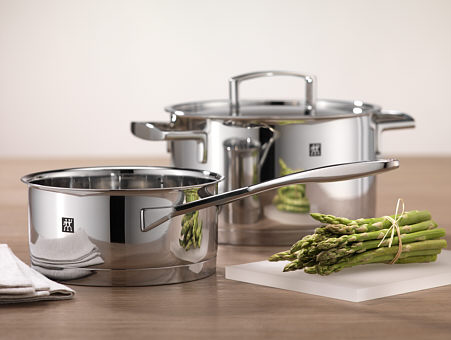 Zwilling cookware, as sample stock and stew pots made of stainless steel