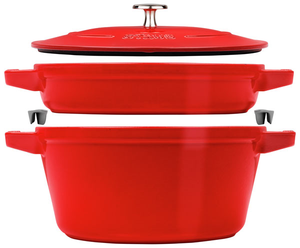 Staub set cocotte and pan, cast-iron enameled, cherry red