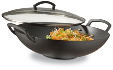 Flat-bottomed cast iron wok with glass lid, with accessories, 4-pi